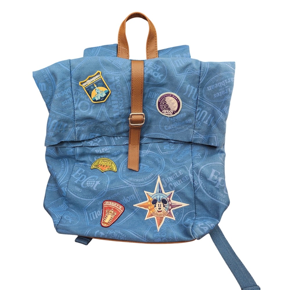 Disney Parks Blue Canvas Collector Backpack Park Stamps & Embroidered Patches